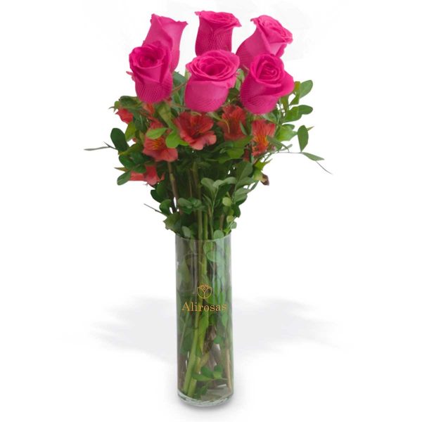 Florero con 6 rosas rosadas , Enviar por delivery