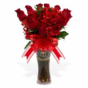 Florero con 12 rosas rojas para cumpleaños