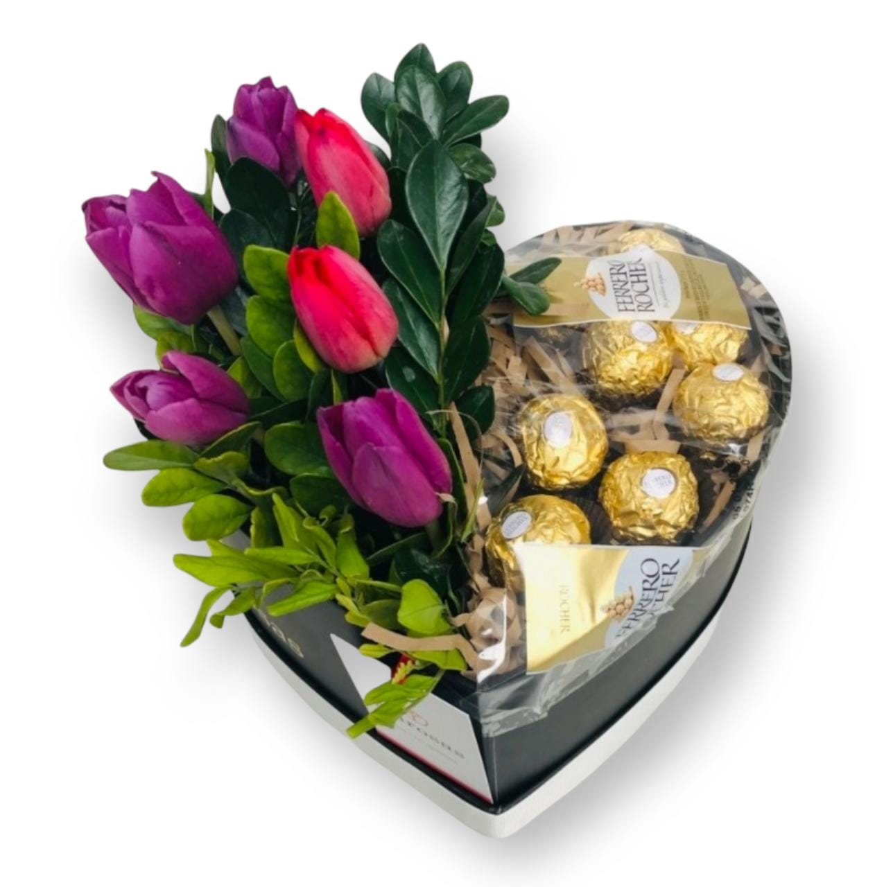 Corazón de Tulipanes y chocolates | Arreglo floral con tulipanes